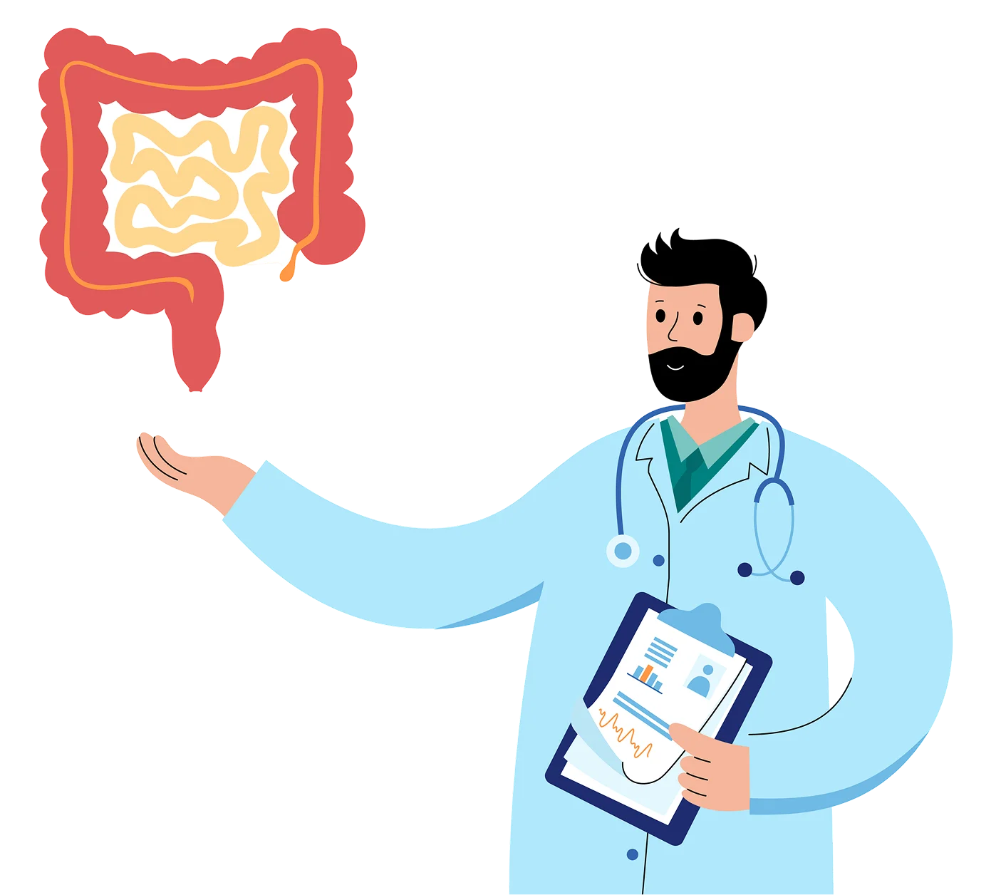 GettyImages-1279896005 1 Illustration of a doctor holding a clipboard, gesturing toward a diagram of human intestines.