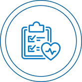 Group 1321316522 Blue icon showing a clipboard with checkmarks and a heart with a heartbeat line, inside a circular border, representing health assessment or medical checklist.