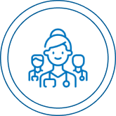 Group 1321316523 Blue line drawing of three healthcare professionals, with a central female figure in front, all wearing stethoscopes, enclosed in a double circular border.