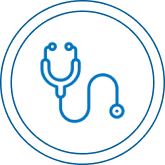 Group 1321316524 Blue line drawing of a stethoscope inside two concentric circles on a transparent background.