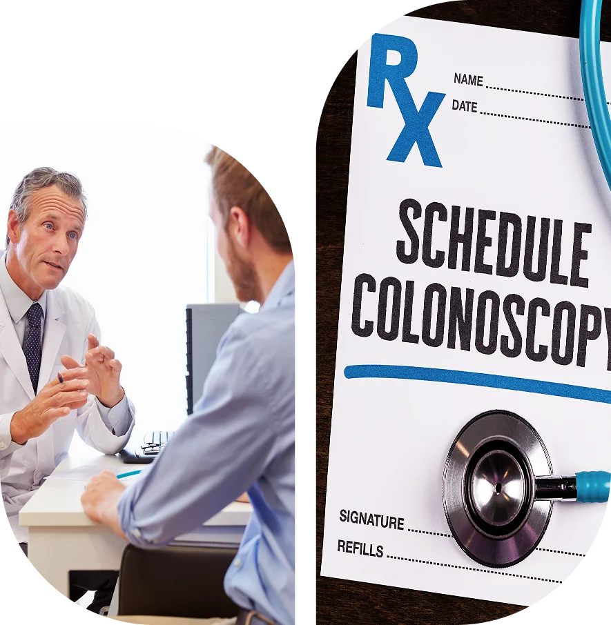 Group 1321316525 (4) A doctor speaks with a patient in an office; next to them is a prescription pad with "Schedule Colonoscopy" and a stethoscope on top.